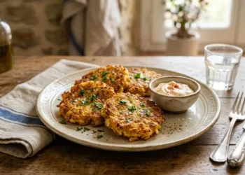 Rosti di cavolfiore croccanti e dorati serviti su un piatto con una ciotolina di maionese