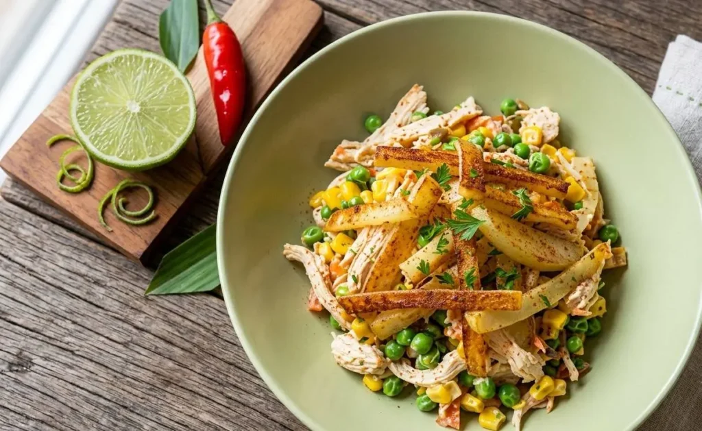 Salpicão - Insalata di Pollo Brasiliana Salpicão brasiliano, insalata di pollo cremosa con mais, piselli, mela e patatine croccanti servita in una ciotola verde