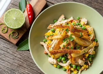 Salpicão brasiliano, insalata di pollo cremosa con mais, piselli, mela e patatine croccanti servita in una ciotola verde