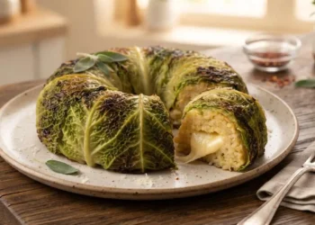Sformato di riso e verza a ciambella, avvolto da foglie di verza arrostite, con una fetta tagliata che rivela scamorza filante all'interno. Primo piano su piatto rustico con guarnizione di salvia su tavolo di legno.