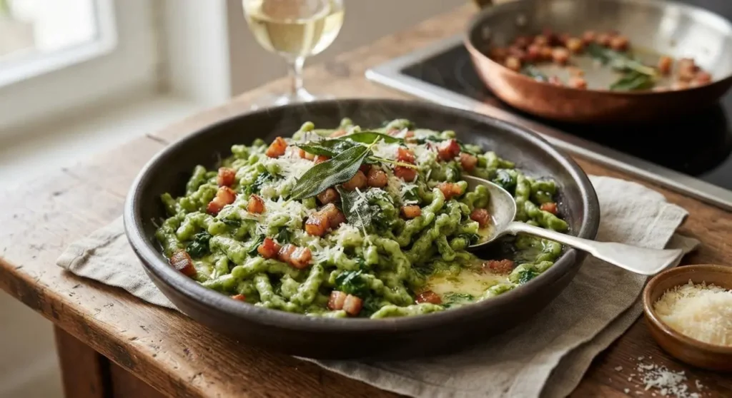 Spätzle con spinaci fatti in casa Piatto di spätzle con spinaci fatti in casa conditi con burro, salvia e guanciale croccante pronto da servire