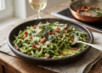 Piatto di spätzle con spinaci fatti in casa conditi con burro, salvia e guanciale croccante pronto da servire