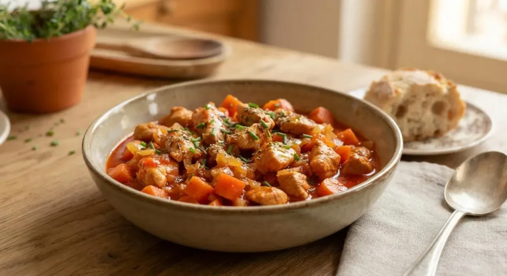 Spezzatino di tacchino fatto in casa Piatto di spezzatino di tacchino tenero con carote e salsa di pomodoro servito in una ciotola di ceramica su tavolo in legno