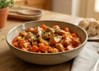 Piatto di spezzatino di tacchino tenero con carote e salsa di pomodoro servito in una ciotola di ceramica su tavolo in legno