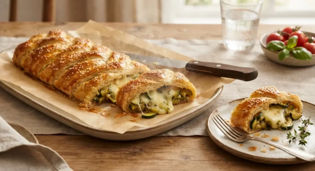 strudel salato zucchine e scamorza Fetta di strudel con zucchine e scamorza filante su un piatto, con lo strudel intero dorato e croccante sullo sfondo