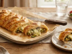 Fetta di strudel con zucchine e scamorza filante su un piatto, con lo strudel intero dorato e croccante sullo sfondo