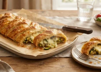 Fetta di strudel con zucchine e scamorza filante su un piatto, con lo strudel intero dorato e croccante sullo sfondo