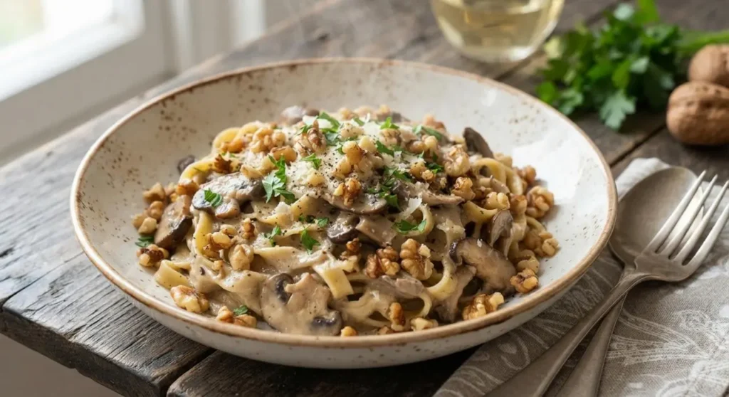 Piatto di tagliatelle con crema di funghi e crumble di noci pronte da gustare, servite in una ciotola rustica su un tavolo di legno.
