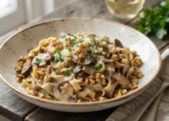 Piatto di tagliatelle con crema di funghi e crumble di noci pronte da gustare, servite in una ciotola rustica su un tavolo di legno.