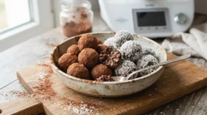 Tartufi al cacao e frutta secca preparati con il Bimby disposti in una ciotola, pronti da gustare.