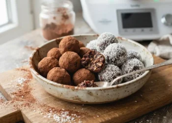 Tartufi al cacao e frutta secca preparati con il Bimby disposti in una ciotola, pronti da gustare.