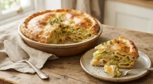 Timballo vegetariano con la verza pronto per essere servito Fetta di timballo vegetariano con la verza, paccheri e besciamella su un piatto, con tortiera rustica sullo sfondo