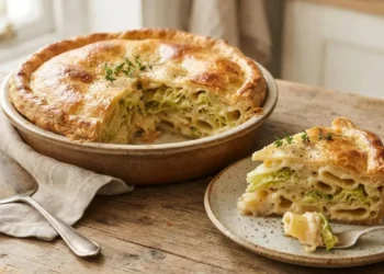 Fetta di timballo vegetariano con la verza, paccheri e besciamella su un piatto, con tortiera rustica sullo sfondo