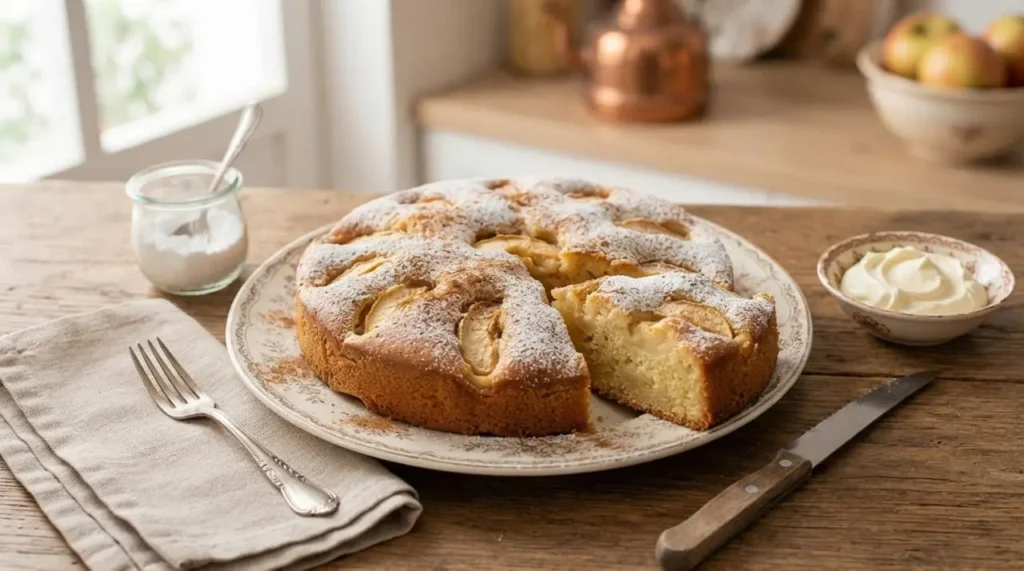 Torta di mele Bimby soffice e fatta in casa pronta da servire su un tavolo in legno