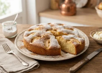 Torta di mele Bimby soffice e fatta in casa pronta da servire su un tavolo in legno