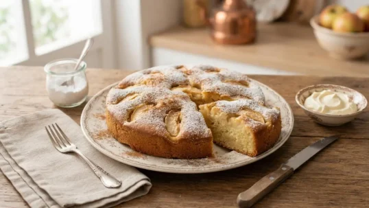 Torta di mele Bimby soffice e fatta in casa pronta da servire su un tavolo in legno