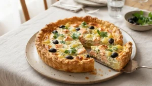 Torta salata panna e salmone dorata e croccante con una fetta tagliata pronta per essere servita su un tavolo apparecchiato.