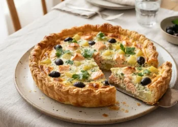 Torta salata panna e salmone dorata e croccante con una fetta tagliata pronta per essere servita su un tavolo apparecchiato.