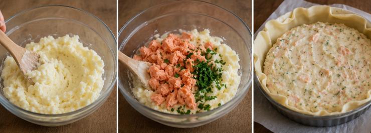 Dopo aver mescolato per bene aggiungete anche il salmone sottolio e il prezzemolo, poi stendete la pasta brisè in una teglia, versateci dentro l’impasto e chiudete i bordi esterni. Infornate per 20 minuti a 180 gradi ecco pronta la torta salata panna e salmone.