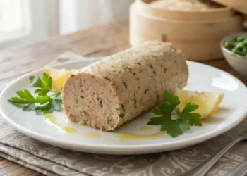 Tortino di tonno al vapore fatto in casa servito su un piatto bianco con prezzemolo fresco e limone.