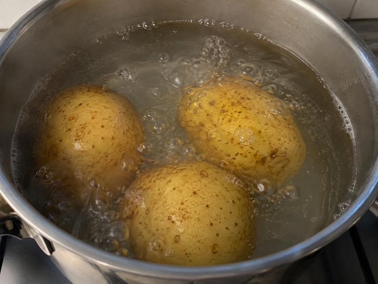 Per preparare la torta salata panna e salmone, prendete 3 patate belle grosse e lavatele. Poi fate bollire un pentolino con dell’acqua e cuocetele all’interno per circa 20 minuti. Trascorso il tempo sbucciatele accuratamente.