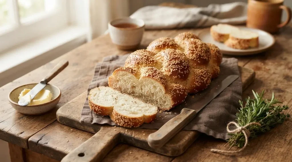 Treccia di pane al sesamo pronta da servire Treccia di pane al sesamo fatta in casa appena sfornata, tagliata a fette su un tagliere di legno rustico pronta da gustare.