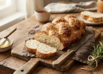 Treccia di pane al sesamo fatta in casa appena sfornata, tagliata a fette su un tagliere di legno rustico pronta da gustare.