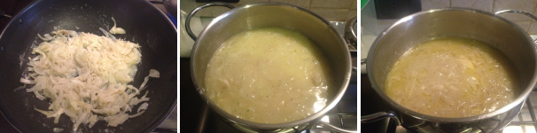 Cuocete ancora le cipolle per qualche minuto poi aggiungete il brodo e fate cuocere tutto a fuoco lento per 30 minuti.