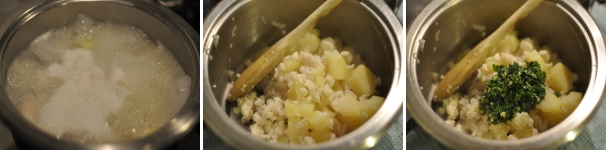 Schiumate le patate ed il baccalà poi scolateli e rimetteteli nella pentola. Aggiungete il trito di aglio e basilico con l’olio e iniziate a mescolare con un cucchiaio di legno per almeno 5 minuti. Regolate di sale e pepe.