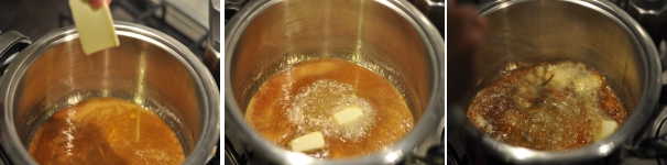 Aggiungete il burro un pezzetto alla volta e mescolate con una frusta in modo da amalgamarlo bene e far scendere un pochino la temperatura del caramello. Unite anche il pizzico di fior di sale.