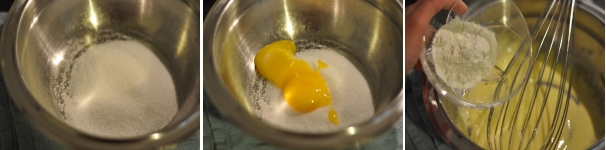 In una ciotola unite lo zucchero con i tuorli d’uovo, mescolateli con una frusta fino a gonfiarli leggermente. Unite anche la farina e proseguite con la frusta per inglobare anche quest’ultima