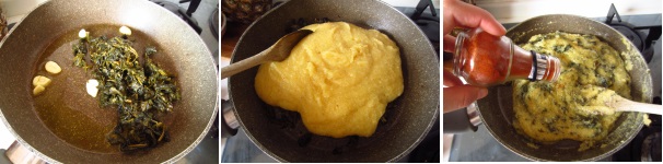 In una pentola riscaldate l’olio. Sbucciate l‘aglio e tagliate a pezzi grossolani. Saltatelo in padella per dare profumo e sapore all’olio. Aggiungete le cime di rapa e saltate in padella per 5 minuti. Poi togliete l’aglio. Aggiungete la polenta calda, condite con l’olio, altro peperoncino in polvere e mescolate per amalgamare tutto. Servite il piatto ben caldo. La frascatula calabrese è pronta per essere servita.