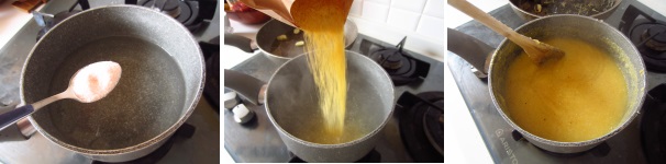 Versate mezzo litro di acqua in una pentola, aggiungete un cucchiaino di sale. Fatelo sciogliere. Quando l’acqua bolle versate a pioggia la polenta e mescolate energicamente. Abbassate la fiamma e cuocete, mescolando molto spesso per circa 25-30 minuti. Se serve aggiungete ulteriore acqua.