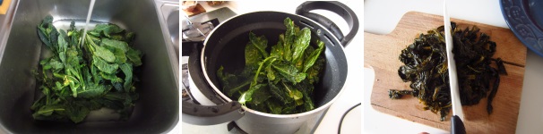 Lavate le cime di rapa. Staccate le cime e le foglie. In una pentola alta versate un po’ di olio e peperoncino. Saltate le cime e poi aggiungete qualche cucchiaio di acqua e sale. Cuocete fin quando le cime di rapa non saranno morbide, cioè circa 20 minuti, a fuoco medio. Fate raffreddare le cime di rapa e poi tagliatele finemente.