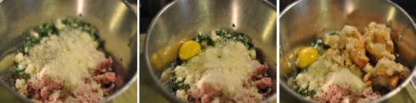 Unite il parmigiano reggiano, l‘uovo e il pane raffermo ben strizzato dal latte. Impastate bene con le mani cosi da creare un bel composto omogeneo.