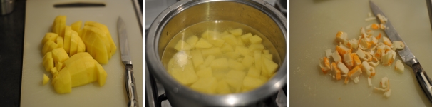 Pelate le patate e tagliatele a cubetti il più possibile di misura regolare. Lessate le patate in acqua salata. Serviranno circa 10 minuti. Trascorso il tempo di cottura fatele raffreddare a temperatura ambiente. Intanto tagliate a listarelle i bastoncini di polpa di granchio così da avere un risultato simile a un trito.