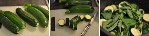 Lavate le zucchine, asciugatele e tagliatele a rondelle di circa un centimetro. Fatele cuocere in abbondante acqua salata con le foglie di basilico. La cottura dovrebbe essere di una decina di minuti ma dipende dallo spessore della verdura. Devono risultare morbide se punzecchiate con una forchetta. Nel frattempo accendete il forno a 180 gradi così da portarlo in temperatura.