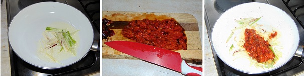 Pulite il cipollotto dalle foglie esterne, tagliatelo a julienne e rosolatelo a fiamma bassa in qualche cucchiaio di olio extravergine di oliva, intanto spellate il peperone arrosto, privatelo dei semi che si trovano al suo interno e, aiutandovi con un coltello, tritatelo molto finemente, fino quasi ad ottenere una crema. Versate il risultato nel soffritto di cipolla, aggiustate di sale e cuocete per un paio di minuti.