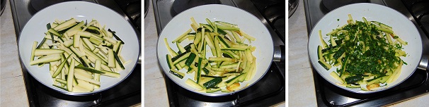 Pulite le zucchine verdi eliminando le due estremità, e tagliatele a fiammifero; versatele in padella con un filo di olio extravergine di oliva ed un pizzico di sale fino quindi accendete il fuoco ed a fiamma medio alta, lasciatele cucinare per circa 7 minuti avendo cura di mescolarle di tanto in tanto per non farle bruciare; toglietele dal fuoco quando saranno ben cotte ma ancora croccanti, spegnete la fiamma ed insaporite con il prezzemolo.
 