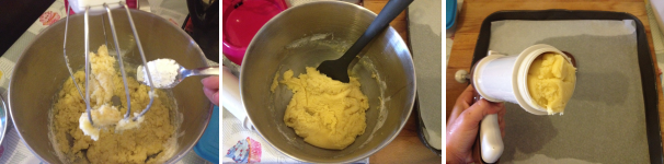 Poi aggiungete la farina e dopo aver impastato qualche istante incorporate anche il lievito per dolci. Amalgamate il tutto e mettete il composto nella spara biscotti.