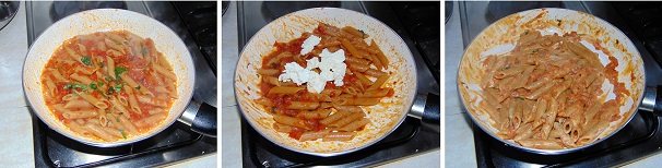 Aggiungete alla pasta l’acqua di cottura e mescolatela fino a che non l’avrà assorbita tutta, dopo di che unite il basilico tritato grossolanamente e spegnete il fuoco. Una volta fuori dal fuoco unite la robiola e mantecate bene tutta la pasta. Servite le vostre penne con un filo di olio extravergine di oliva a crudo.