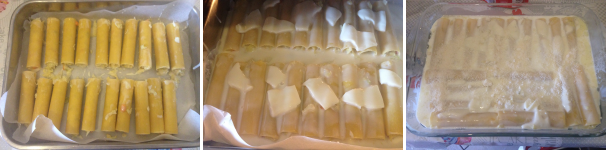Riempite i cannelloni e distendeteli su una teglia ricoperta di carta forno, mettete sulla superficie delle sottilette e ricoprite con la restante besciamella. Infine spolverate la superficie con del Parmigiano.