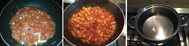 Aggiungete la polpa di pomodoro e fate cuocere per circa 10 minuti. Poi aggiungete i fagioli lessati e fate cuocere ancora per altri 10 minuti. Intanto fate bollire 250 millilitri di acqua.