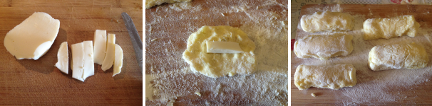 Tagliate la mozzarella a listarelle, poi formate le crocchette avvolgendogli l’impasto di patate intorno. Per non fare attaccare aiutatevi con la farina.
