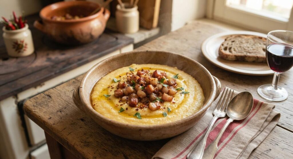 Frascatula calabrese tradizionale pronta da gustare Piatto di frascatula calabrese fumante servita in una ciotola di terracotta con pancetta croccante, posate rustiche e un bicchiere di vino su un tavolo di legno.