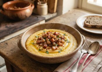 Piatto di frascatula calabrese fumante servita in una ciotola di terracotta con pancetta croccante, posate rustiche e un bicchiere di vino su un tavolo di legno.