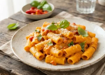 Piatto di pasta corta condita con crema di peperoni arrostiti e robiola, guarnito con basilico fresco e pronto da servire su un tavolo in legno.
