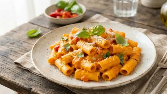 Piatto di pasta corta condita con crema di peperoni arrostiti e robiola, guarnito con basilico fresco e pronto da servire su un tavolo in legno.