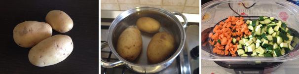 Per preparare il polpettone di verdure, prendete le patate e, dopo averle lavate, bollitele per 20 minuti in acqua leggermente salata. Poi tagliate le carote e le zucchine a dadini e fatele cuocere per 20 minuti in una vaporiera.
