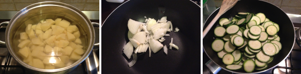 Per preparare il polpettone alle zucchine per prima cosa lavate e pelate le patate, poi tagliatele a quadretti e fatele bollire per circa 20 minuti in acqua leggermente salata. Tagliate poi a fettine la cipolla e mettetela in una casseruola con dell’olio extravergine di oliva, fatela soffriggere per qualche minuto. Tagliate a rondelle le zucchine ed aggiungetele al soffritto di cipolla, poi fatele cuocere 15 minuti.
 